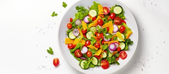 Top view of fresh summer vegetable salad with copyspace for text
