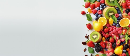 Create a mixed assortment of fruits berries and vegetables with copyspace for text