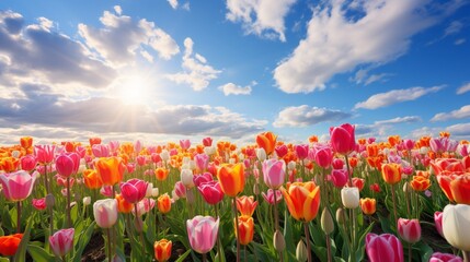 A field of tulips in various colors under a sunny sky.