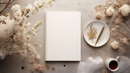 Top View White Notebook Mockup with Boho Decorations For Special Events Or Wedding. Feminine Diary Mock up Template. Generative AI