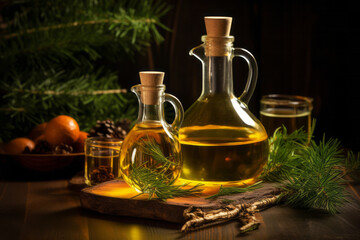 Glass bottle with spruce oil and fir branches standing on wooden table on black background. Natural extract aroma therapy