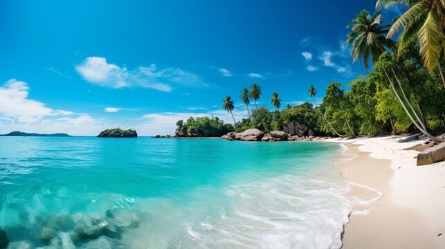 A secluded beach with turquoise water and pristine white sand.