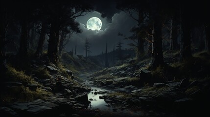 Bright moonlight casting shadows over a dark forest.