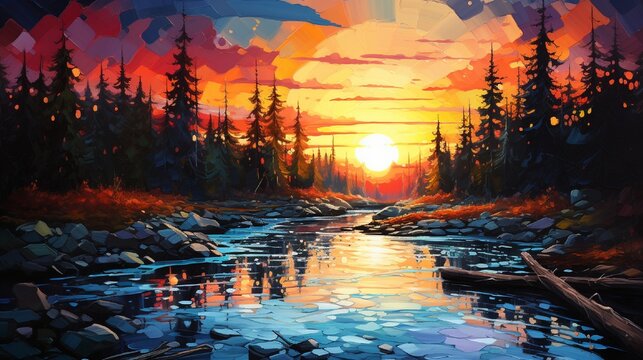 A vibrant sunrise over a misty forest, acrylic paint strokes capturing the blending colors.
