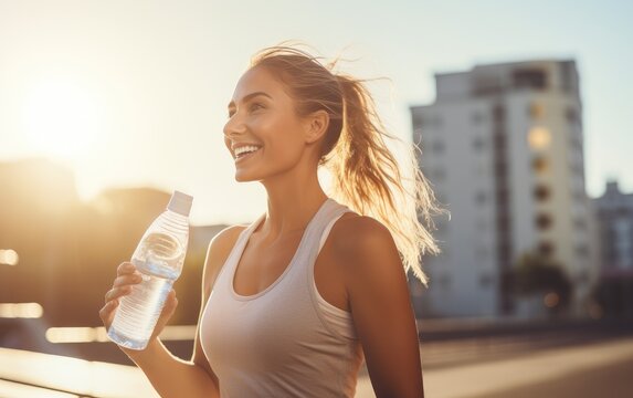 A fit woman drinking water from a clear bottle after a run. Generative AI