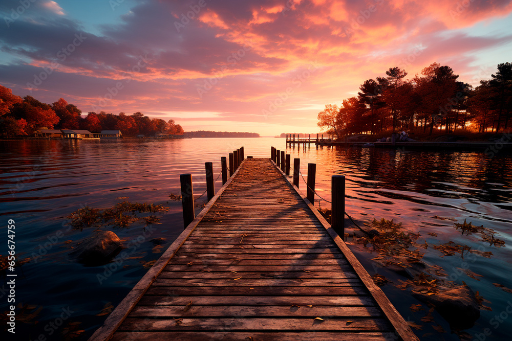 Poster sunset at lake in the evening