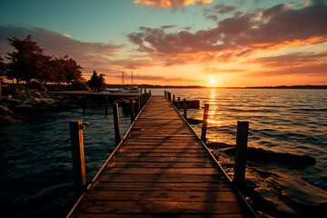 sunset at lake in the evening