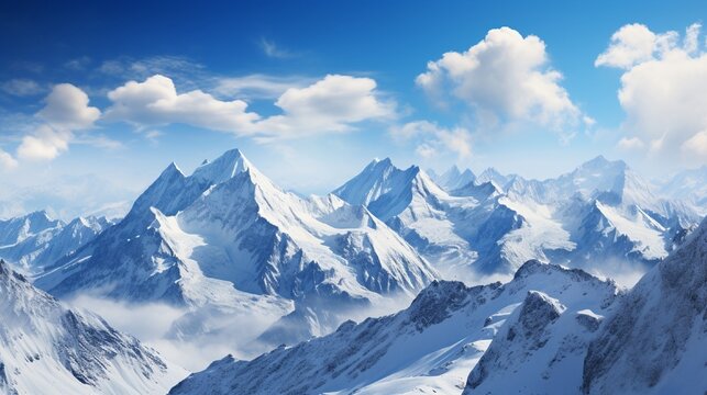 Snow-capped mountains set against a bright blue sky.