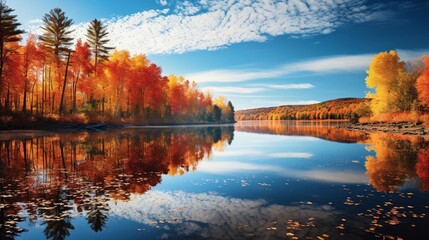 The vibrant colors of autumn foliage reflected in a still pond.