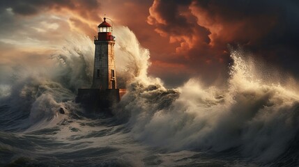 Waves crashing against a lighthouse during a storm. - obrazy, fototapety, plakaty