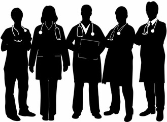 Set of doctor and nurse hospital worker icon silhouettes, on white background