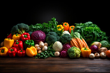 fresh vegetables and fruits on wooden background