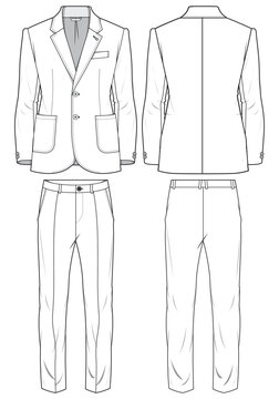 Men's Single breast notch lapel Blazer Jacket full suit with formal trouser pants flat sketch fashion illustration technical cad drawing with front and back view