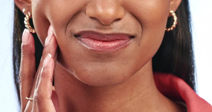 Mouth, toothache and woman in pain, dental and touch cheek with gum disease on white background. Closeup, health and wellness with gingivitis, oral care and hygiene, hurt and orthodontics in studio
