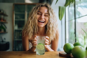 A happy and healthy young woman enjoys a refreshing glass of homemade lemonade in her kitchen, radiating freshness and vitality. - obrazy, fototapety, plakaty