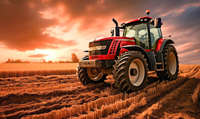 Fototapeta premium A threshing machine operating in a wheat field.