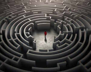 A man in red clothes stands in the middle of a labyrinth. The concept of difficult choice and finding a solution to a problem.