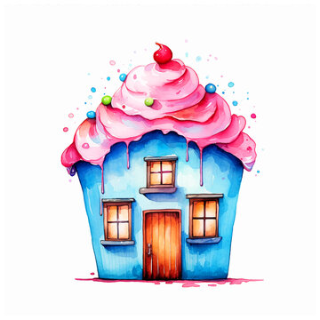Cupcake house watercolor paint ilustration