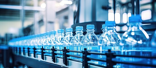Selective focus on a water bottling line for processing carbonated water into bottles with copyspace for text - obrazy, fototapety, plakaty