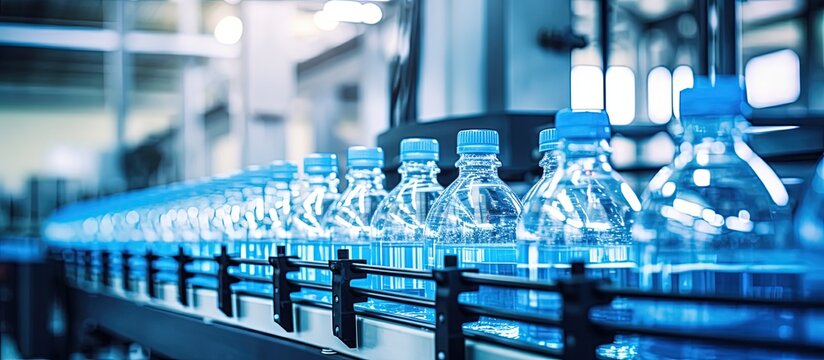 Selective focus on a water bottling line for processing carbonated water into bottles with copyspace for text - Powered by Adobe