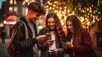 Young group of teenage student people using smart mobile phone outdoors - obrazy, fototapety, plakaty