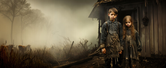 Cinematic scene of a rural environment with a hut and cows, impoverished siblings, young brother and sister in the style of old wet plate photography. Poverty, 1900, child labor, generative ai