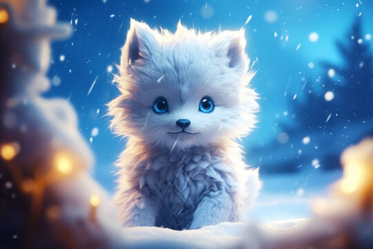 Cartoon cute little white wolf cub with kind eyes in winter on the snow