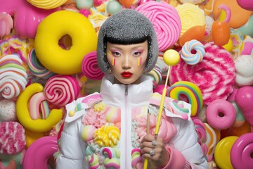 Fototapeta na wymiar Asian Woman Candy Edgy Vivid Colors Backdrop Generative AI