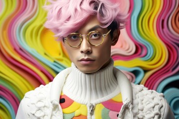 Asian Man Chic Suit Vivid Colors Background Generative AI