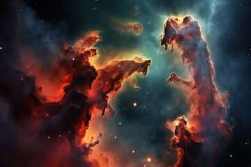 An image of the Pillars of Creation in the Eagle Nebula, highlighting the birth and evolution of stars. Concept of stellar nurseries. Generative Ai. - obrazy, fototapety, plakaty