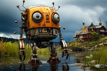 Fototapeta premium close-up of a homemade autonomous robot standing in a river