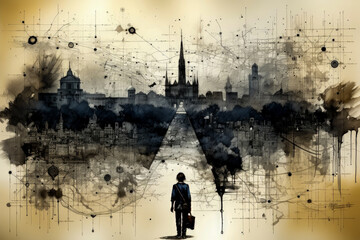 2D map drawing of a city landscape, one person is heading to the city, illustration, - obrazy, fototapety, plakaty