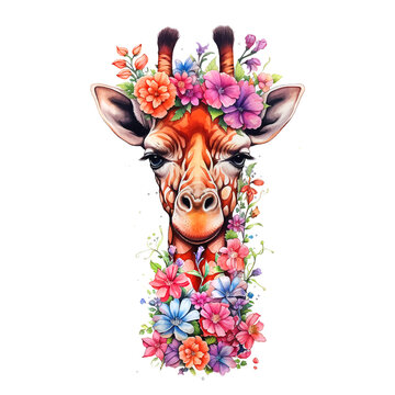 Giraffe head surrounded by flowers watercolor paint