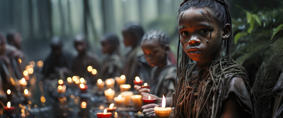 portrait of a girl from an almost extinct tribe, at a candlelight gathering in the forest, cinematic style scene - obrazy, fototapety, plakaty