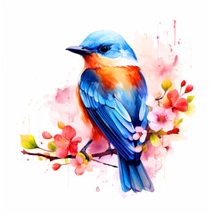 Beautiful bird with flowers watercolor paint 