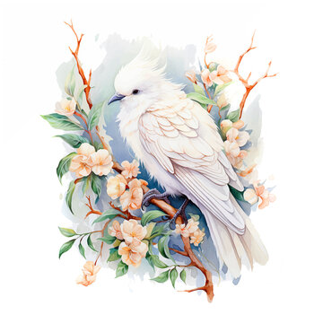 Beautiful bird with flowers watercolor paint 