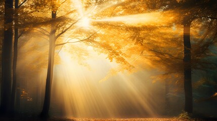Panoramic image of a beautiful autumn forest with sunbeams
