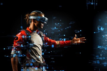 Fototapeta na wymiar Junger Mann taucht mit VR-Brille in Augmented Reality und virtuelle Welten der Zukunft ein