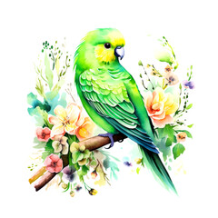 Beautiful bird with flowers watercolor paint