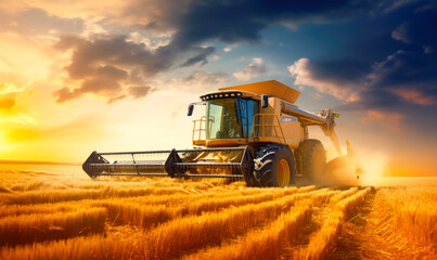 Obraz premium A wheat field being harvested by a combine harvester.