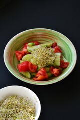 A bowl of alfalfa sprouts and a bowl of vegetable salad on a gray background. Healthy nutrition. 