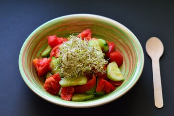 Vegetable salad with the addition of alfalfa sprouts on a gray background. Salad of cucumbers, tomatoes and alfalfa sprouts. Healthy Eating.