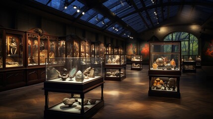 a museum exhibit with specialized museum lighting, enhancing the visibility and preservation of artifacts - obrazy, fototapety, plakaty