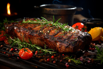 steak with spices and herbs on wooden table
