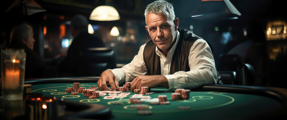 a man is playing black jack at a table in the casino, cinematic scene style - Powered by Adobe