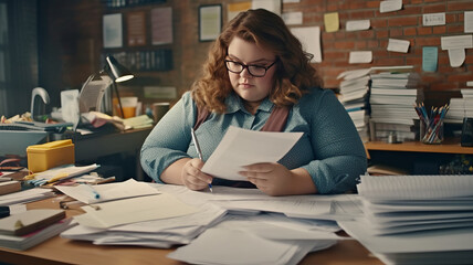 big size business woman, fat girl note and check on financial paper at working table.