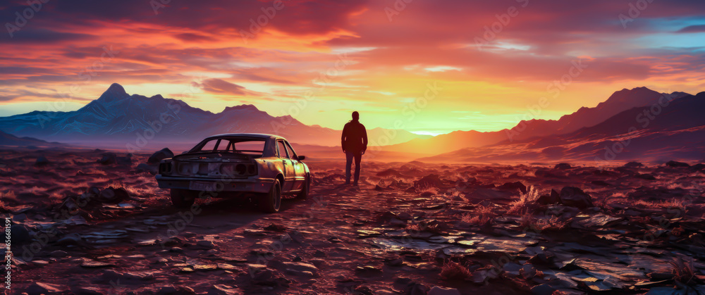 Wall mural a man is standing next to an almost ramshackle car, looking at the horizon, sunset, cinematic style