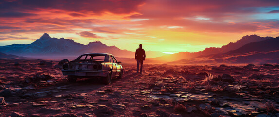 a man is standing next to an almost ramshackle car, looking at the horizon, sunset, cinematic style