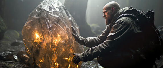man finds a giant rock that looks like a diamond in the rough, cinematic scene style - obrazy, fototapety, plakaty