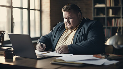 big size business man, fat man note and check on financial paper at working table. - obrazy, fototapety, plakaty